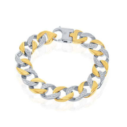 Stainless Steel TT Gold Plated Pave Curb Link Bracelet, 8.5" ,
