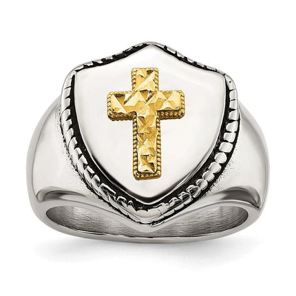 Stainless Steel w/14k Accent Antiqued & Polished Cross on Shield Ring ,