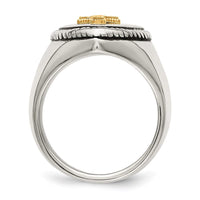 Stainless Steel w/14k Accent Antiqued & Polished Cross on Shield Ring ,