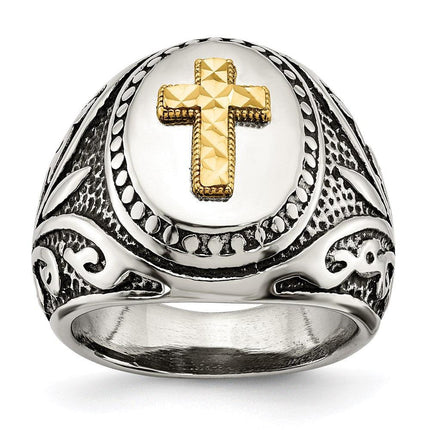 Stainless Steel w/14k Accent Antiqued and Polished Cross Ring ,