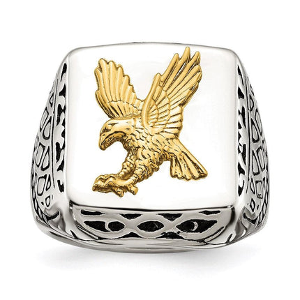 Stainless Steel w/14k Accent Antiqued and Polished Eagle Ring ,