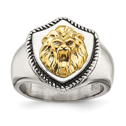 Stainless Steel w/14k Accent Antiqued & Polished Lion on Shield Ring ,