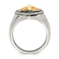 Stainless Steel w/14k Accent Antiqued & Polished Lion on Shield Ring ,
