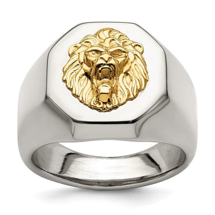Stainless Steel w/14k Accent Polished Lion Head Ring ,