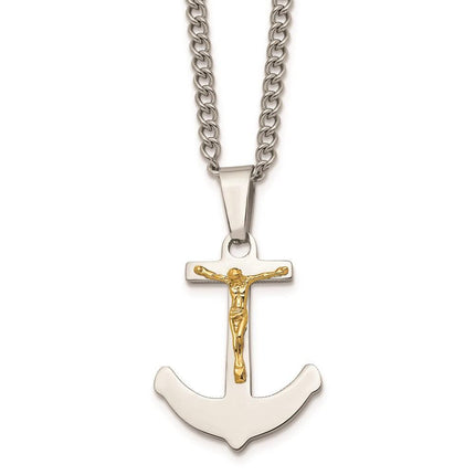Stainless Steel w/14k Gold Crucifix Anchor Necklace ,