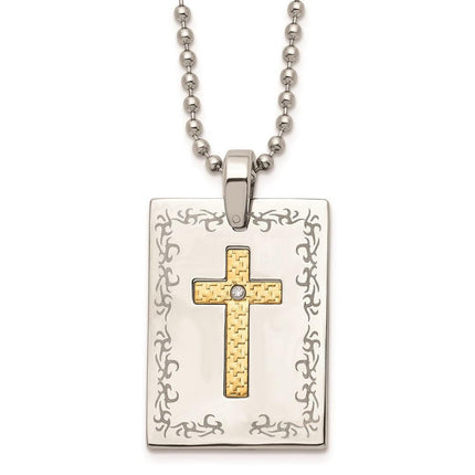 Stainless Steel w/18k Polished Laser Etched Square Cross Diamond Necklace ,