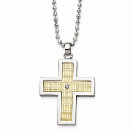 Stainless Steel w/18k Polished Textured Diamond Cross Necklace ,