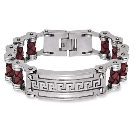Stainless Steel Wide Red Braided Leather Greek Key Bar Bracelet ,