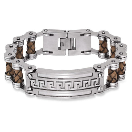 Stainless Steel Wide Tan Braided Leather Greek Key Bar Bracelet ,