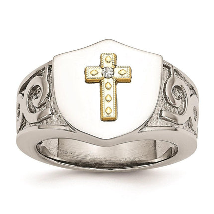 Stainless Steel with 10K Gold Cross and Diamond Polished Ring ,