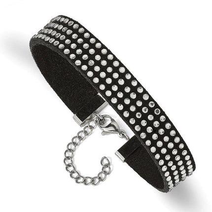 Stainless Steel with Black Leather and Crystal 7.25in w/1.75in ext. Bracele ,