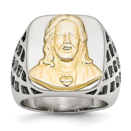 Stainless Steel with Sterling Silver Jesus Yellow IP-plated Polished Ring ,