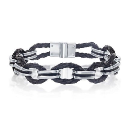 Stainless Steel Woven Leather and Oval Links Bracelet, 8" ,