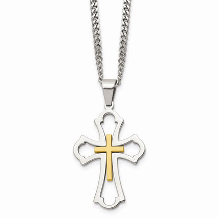 Stainless Steel Yellow IP-plated Cross Brushed/Polished Necklace ,