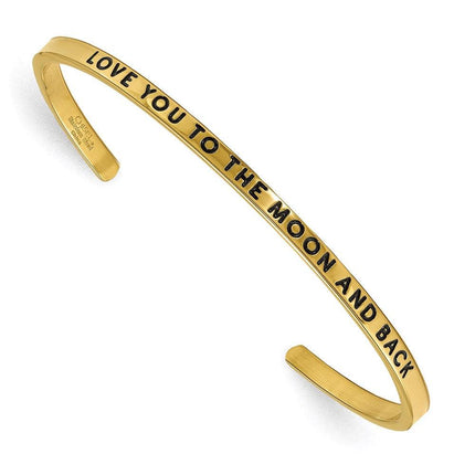 Stainless Steel Yellow IP-plated Love you to the Moon CZ 3mm Cuff Bangle ,