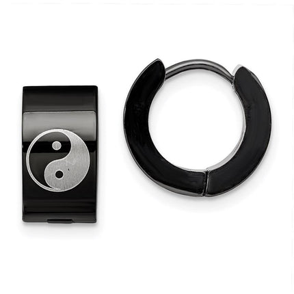 Stainless Steel Yin Yang Black IP Plated Hinged Hoop Earrings ,