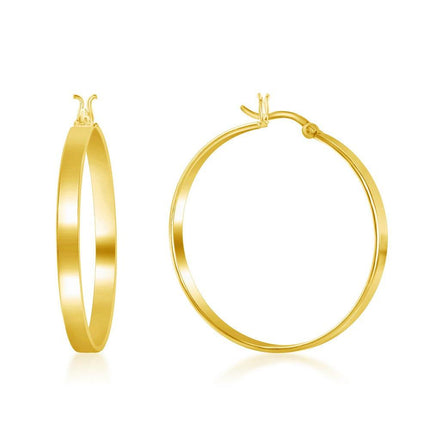 Steling Silver 4x35mm Flat Hoop Earrings - Gold Plated ,
