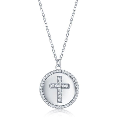 Sterlilng Silver Micro Pave CZ Disc Necklace - Cross ,