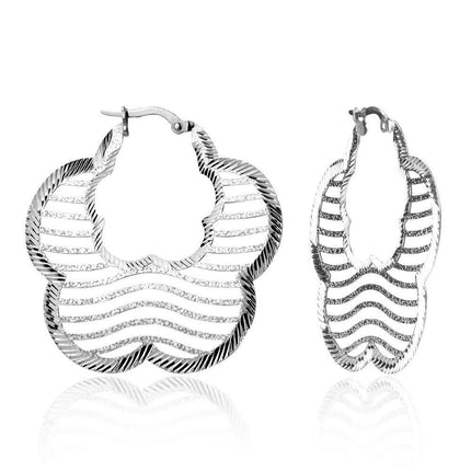 Sterling Flat Lined Flower Shaped Hammered Hoop Earrings ,