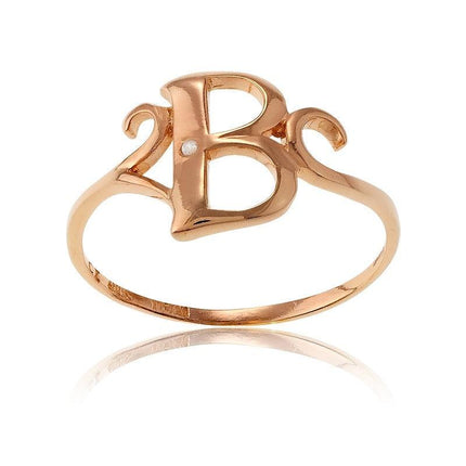 Sterling Silver 1 Micron Rose GP Single CZ "B" Ring, Size 8 ,