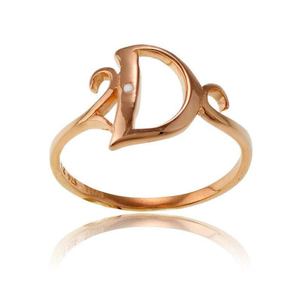 Sterling Silver 1 Micron Rose GP Single CZ "D" Ring, Size 8 ,