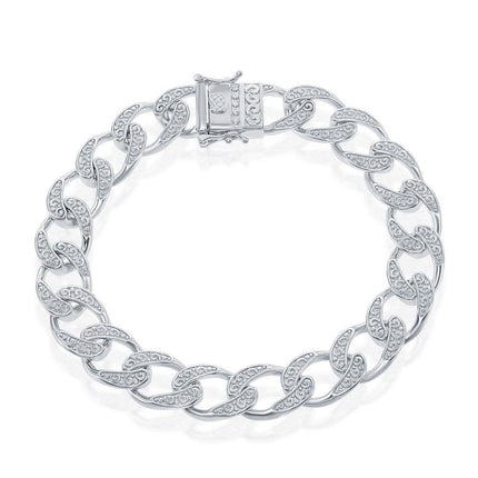 Sterling Silver 10mm Designed Cuban Bracelet ,