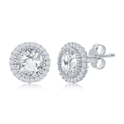 Sterling Silver 10mm Round CZ Halo Stud Earrings ,
