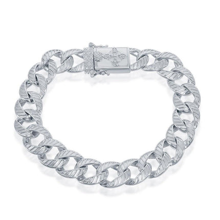 Sterling Silver 12mm Designed Cuban Bracelet - Cross ,