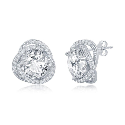 Sterling Silver 12mm Flower Design CZ Earrings ,