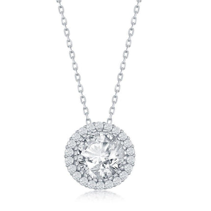 Sterling Silver 12mm Round Halo Cubic Zirconia Necklace ,