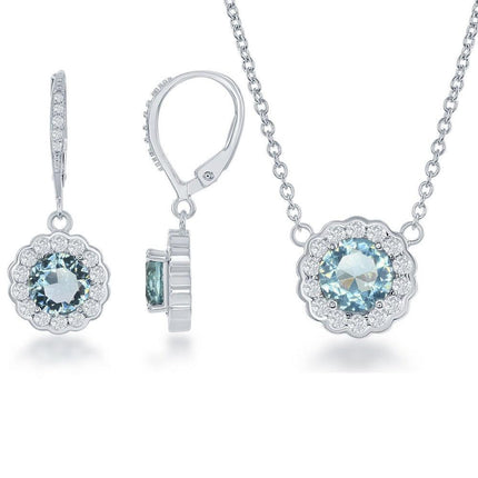 Sterling Silver 16+2 Inch December Birthstone With CZ Border Round Earrings and Necklace Set ,