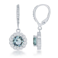 Sterling Silver 16+2 Inch December Birthstone With CZ Border Round Earrings and Necklace Set ,