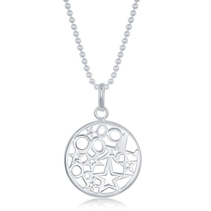 Sterling Silver 17 Inch Circle With Stars and Circles Inside Necklace ,