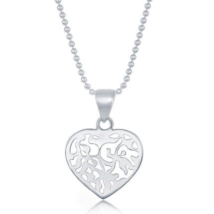 Sterling Silver 17 Inch Diamond Cut Bead Chain With Flat Heart Necklace ,