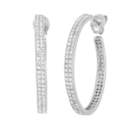 Sterling Silver 25mm Double Row CZ Hoop Earrings ,