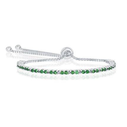 Sterling Silver 2mm Green CZ 'May Birthstone' Adjustable Bracelet ,