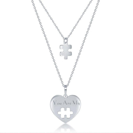 Sterling Silver 2PC; Puzzle Piece Necklace Set - 16+2 Inch You Are My Heart; 14+2 Puzzle Piece ,