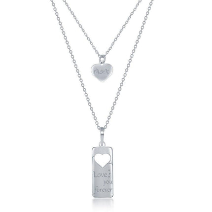 Sterling Silver 2PC Tag Heart Necklace Set - 16+2 Inch Love You Forever Tag & 14+2 Mom Heart ,
