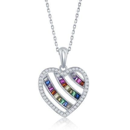 Sterling Silver 3-Row Rainbow Open Heart Pendant ,