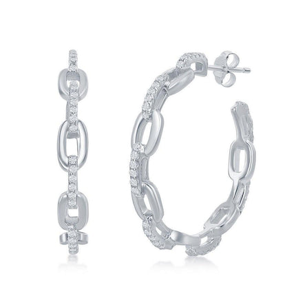 Sterling Silver 32mm Paperclip CZ Open Hoop Earrings ,