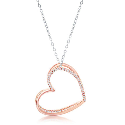 Sterling Silver 3D Heart with Half Micro Pave CZ Necklace ,