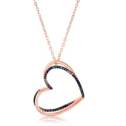 Sterling Silver 3D Heart with Half Micro Pave Rainbow CZ Necklace ,