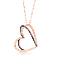 Sterling Silver 3D Heart with Half Micro Pave Rainbow CZ Necklace ,