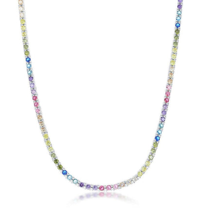 Sterling Silver 3mm Rainbow Cubic Zirconia Necklace ,