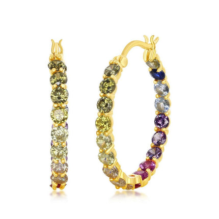 Sterling Silver 3x25mm Inside-Outside Rainbow CZ Hoop Earrings - Gold Plated ,