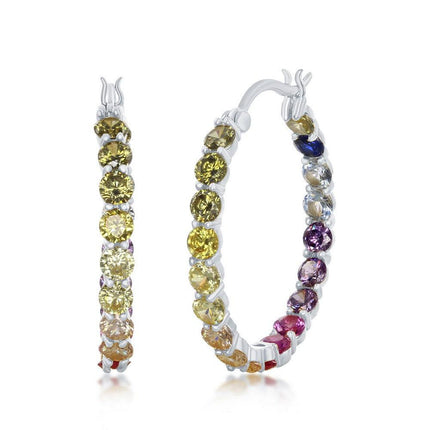 Sterling Silver 3x25mm Inside-Outside Rainbow CZ Hoop Earrings ,