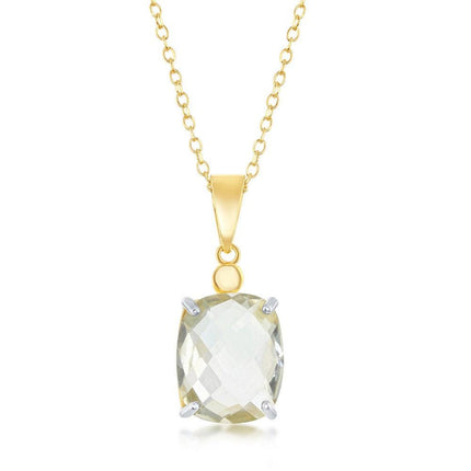 Sterling Silver 4-Prong Checkered Green Amethyst Necklace ,