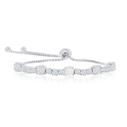 Sterling Silver 4-Prong CZ & White Opal Adjustable Bolo Bracelet ,