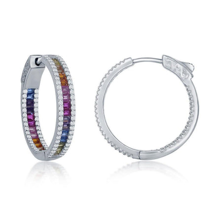 Sterling Silver 4x25mm Rainbow Hoop CZ Earrings ,