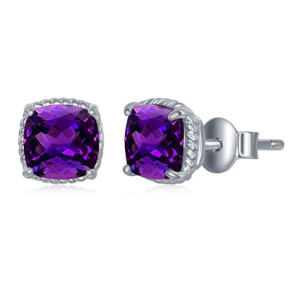 Sterling Silver 6mm Cushion Cut Amethyst Earrings ,
